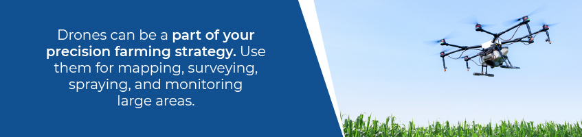 Drones can be used for mapping, surveying, spraying, and monitoring your farmland.