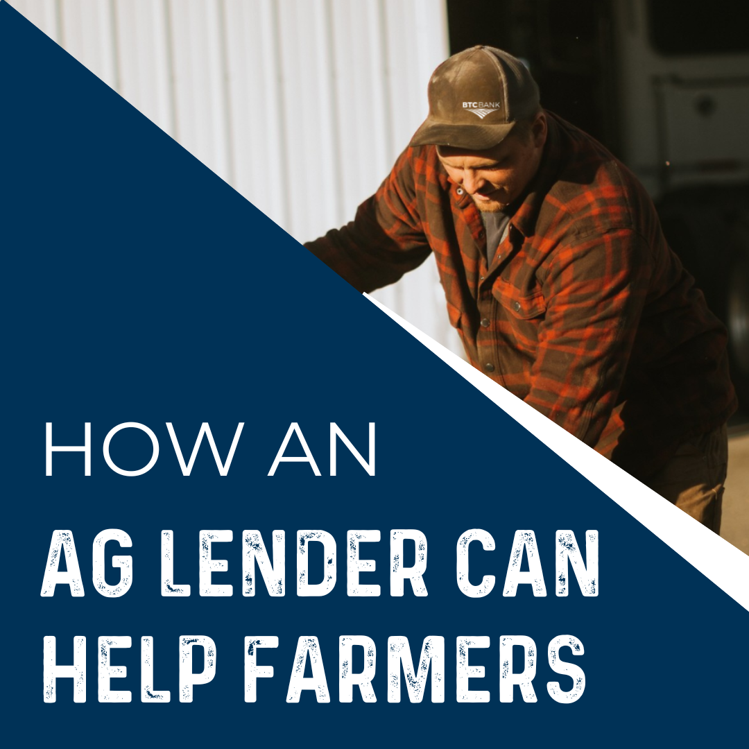 "How an Ag Lender Can Help Farmers" spelled out on a blue box atop a man working on a piece of farm machinery