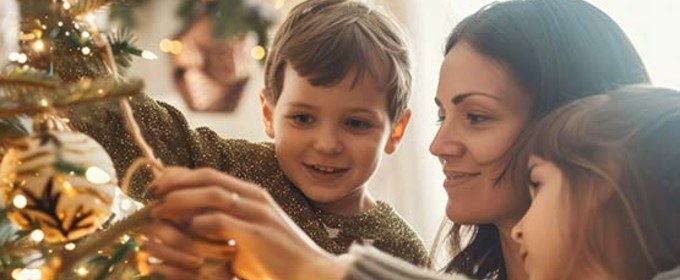 Mother and her children decorating a Christmas tree