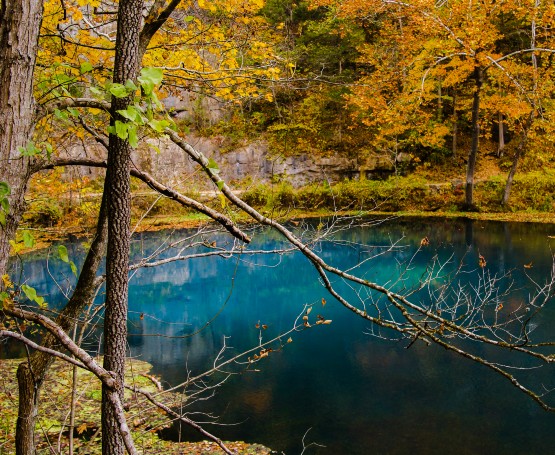 a natural blue pond surrounded by trees turning yellow and orange in the fall