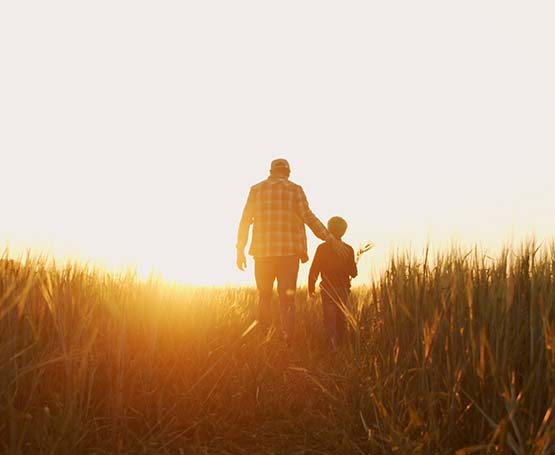 Adult and child walking through a wheat field at sunset.
