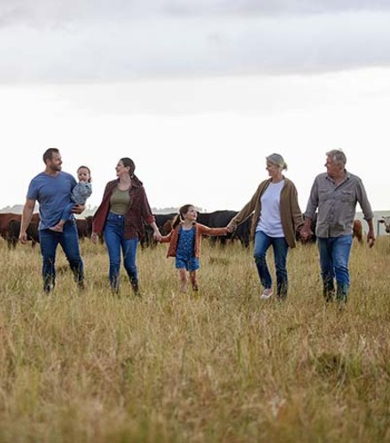 a generational family walk through a cattle pasture holding hands