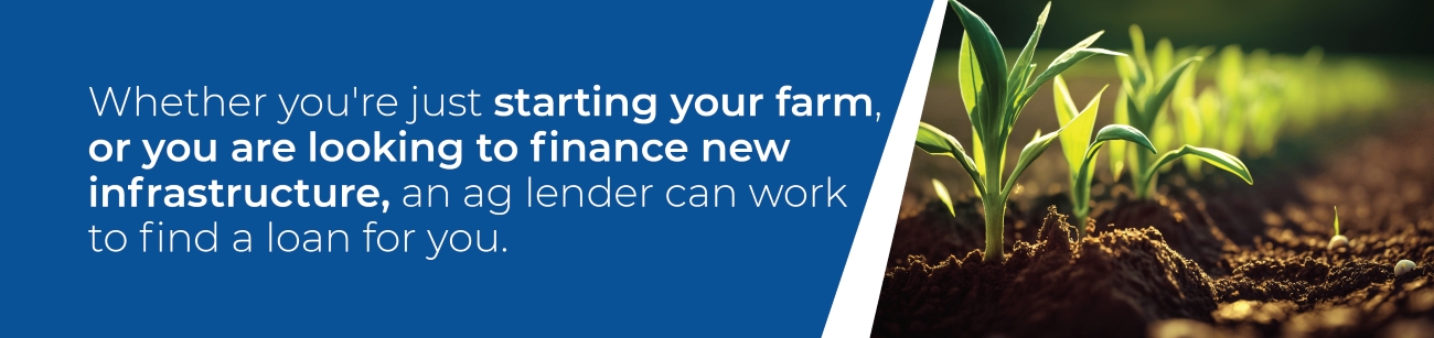 Whether you're just starting your farm or you are looking to finance new infrastructure, an ag lender can work to find a loan for you.
