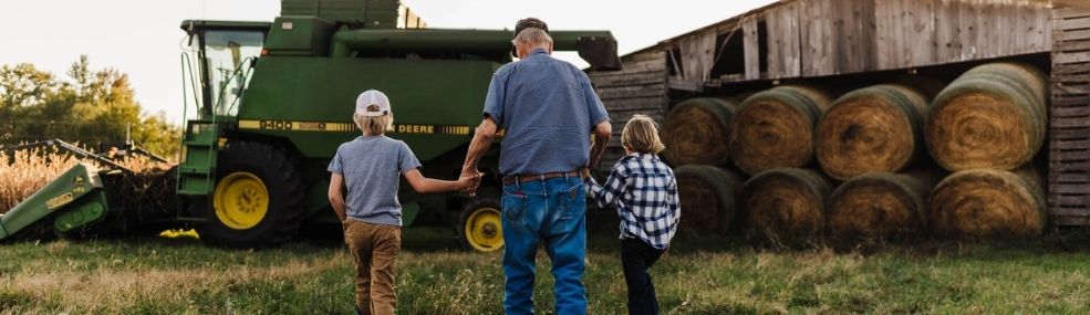 A farmer grandfather walking with two grandchildren toward a combine and round bales by a barn